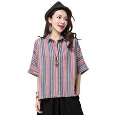 时尚夏季翻领短袖宽松套头经典条纹显瘦衬衫，女装衬衫，叶笙衣