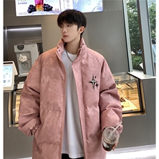 港风PU皮复古做旧可拆卸四芒星胸针设计棉衣男MY77721P128控168，男装棉衣，星座227-7