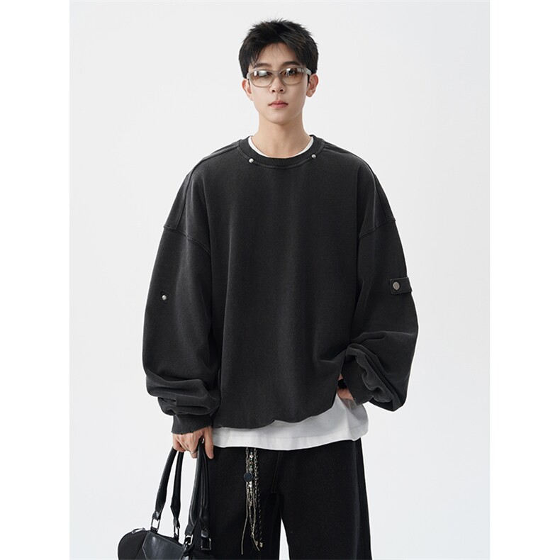 8XL-M高品质美式雕刻可拆卸破洞帽洗水深灰多穿法圆领卫衣WY28P88,男装卫衣,电商D206-1