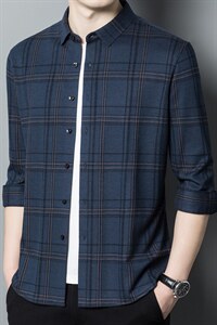 BB57205钱塘2020-2新款中年男士衬衫宽松休闲长袖格子衬衣P142图片