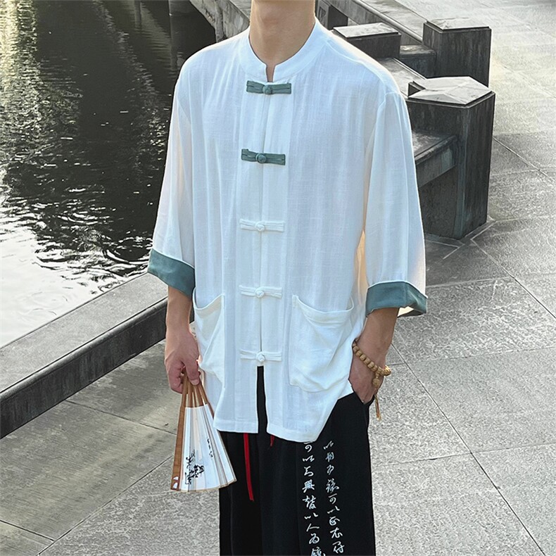 24夏季新款男士汉服新中式盘扣立领撞色衬衫MT2310-P65-控78,男装衬衫,电商A021