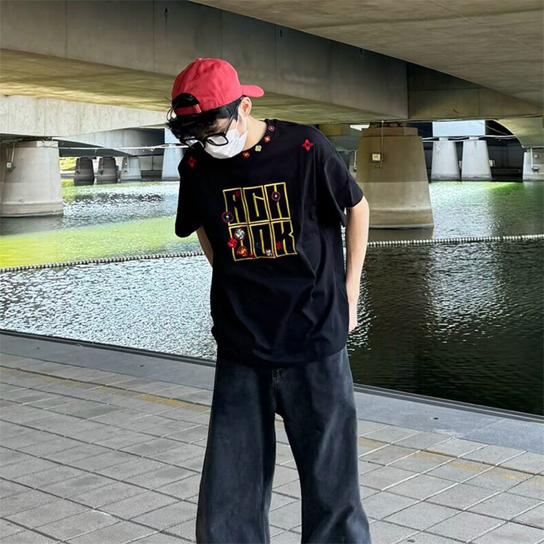 万针全刺绣工艺抖音得物高品质260克重磅纯棉双纱美式高街短袖T恤,男装T恤,电商A486