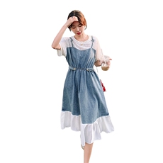 牛仔拼接假两件连衣裙女夏季2025新款独特设计感收腰显瘦A字长裙，女装连衣裙，2C032