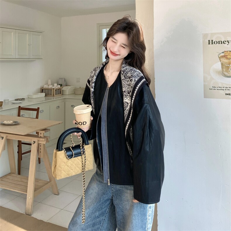 有货黑色皮衣带丝巾2C198-6831-P165K268,女装短外套,2C198
