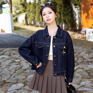 深蓝牛仔外套女短款2025秋装新款显瘦百搭复古设计感小众上衣图片