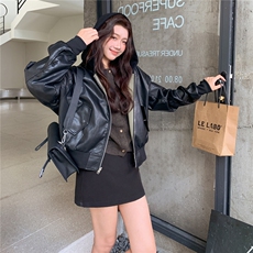 pu皮两面穿连帽皮衣休闲夹克外套女秋季新款2C353+703#P165K248，女装皮衣，2C353