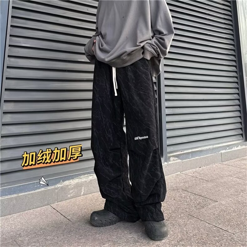 秋灯芯绒阔腿伞兵裤男潮牌宽松直筒美式字母印花休闲裤子 KB4519图片