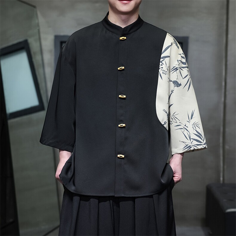 竹扣2025春夏新款风竹扣撞色竹叶印花七分袖T恤衬衫T2512-P68图片