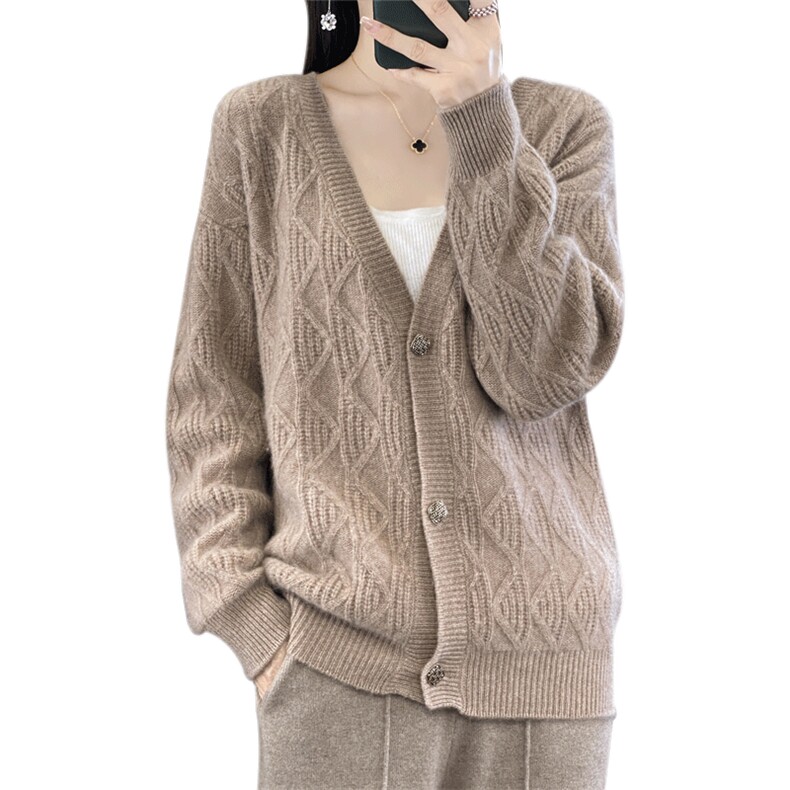 秋冬新款V领100%羊毛开衫女纯色绞花长袖毛衣宽松羊绒衫针织外套,女装羊毛衫,迅太羊绒