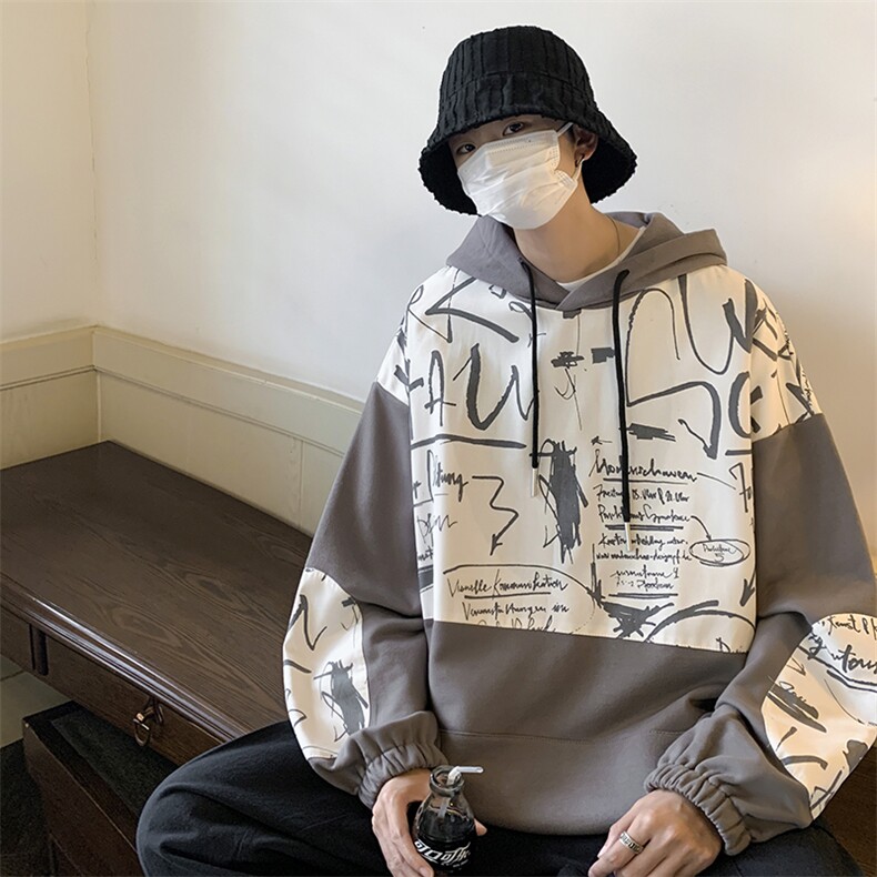 特P50高品质纯棉2025春秋冬拼接复古连帽卫衣男潮流上衣XW221,男装卫衣,电商B370
