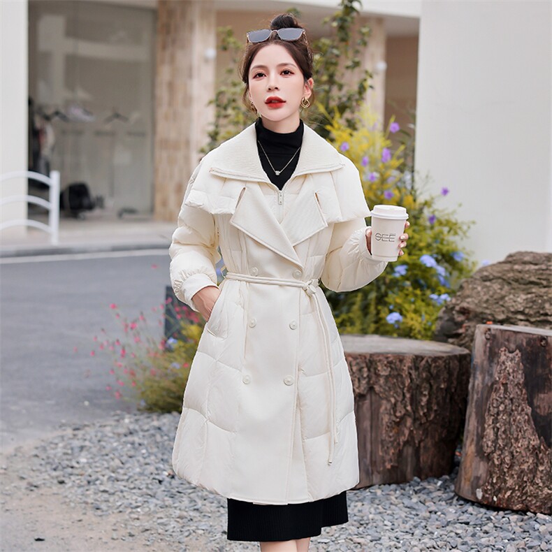 羽绒服女中长款过膝2024年新款冬季宽松收腰系腰带显瘦90白鸭绒,女装羽绒服,韩宇舍