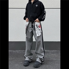 NK1007-P58美式复古设计感做旧反穿大口袋印花牛仔裤男女秋季，男装牛仔裤，电商B323A