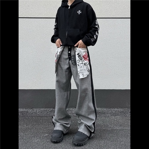 NK1007-P58 美式复古设计感做旧反穿大口袋印花牛仔裤男女秋季图片