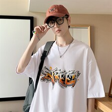 潮流嘻哈手绘涂鸦字母圆领短袖T恤宽松大码517A-1-T906-P28控38，男装T恤，星座517A-1
