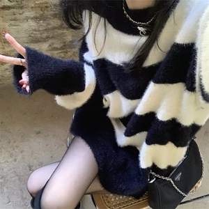 MM151-P68 秋冬加厚毛衣女韩版潮流宽松条纹针织港风慵懒线衣外套图片