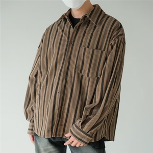 C233-P40 春秋款日系复古条纹长袖衬衫男女情侣学院风百搭宽松图片