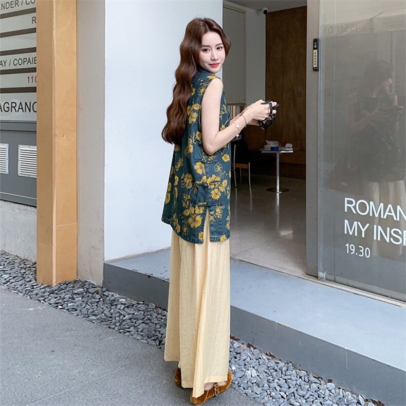 碎花牛仔新中式国风衬衫阔腿裤套装女夏巨好看流行两件套大方得体,女装套装/套裙,浙宝301