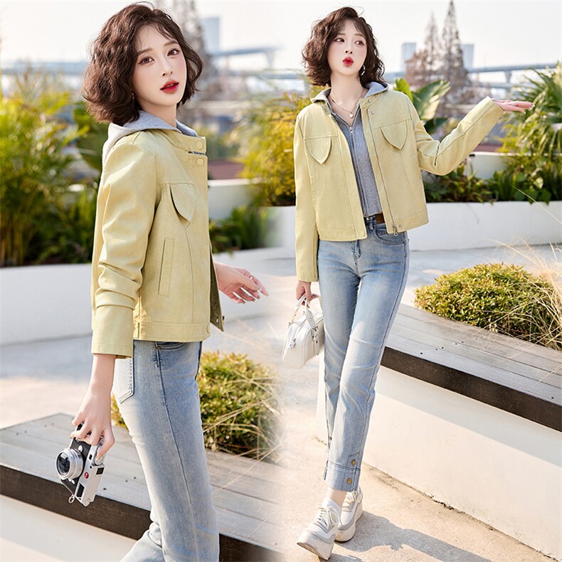 韩城.简约机车服立领亮色pu皮衣短外套皮夹克2025春季潮女拉链款s，女装皮衣，魅丽静蓝