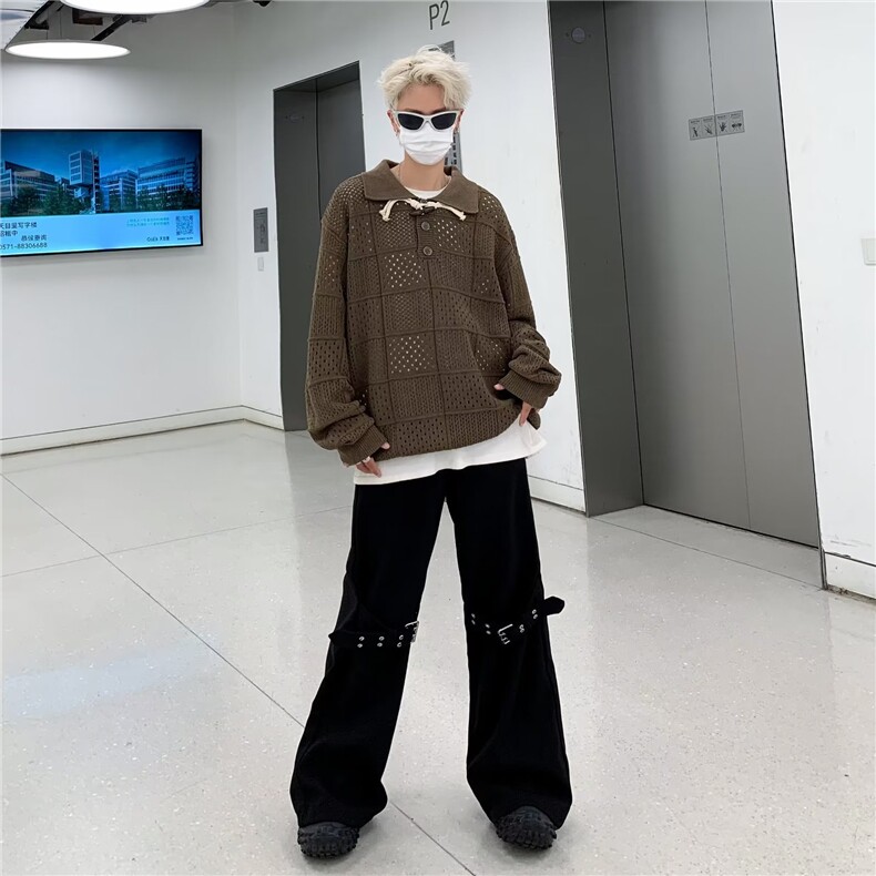 镂空钩花慵懒感翻领套头针织上衣2025秋季新品韩系针织衫,男装针织衫/毛衣,星座1210-1