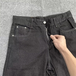 日常潮青少年美式复古阔腿牛仔裤男女款简约百搭宽松直筒休闲长裤图片
