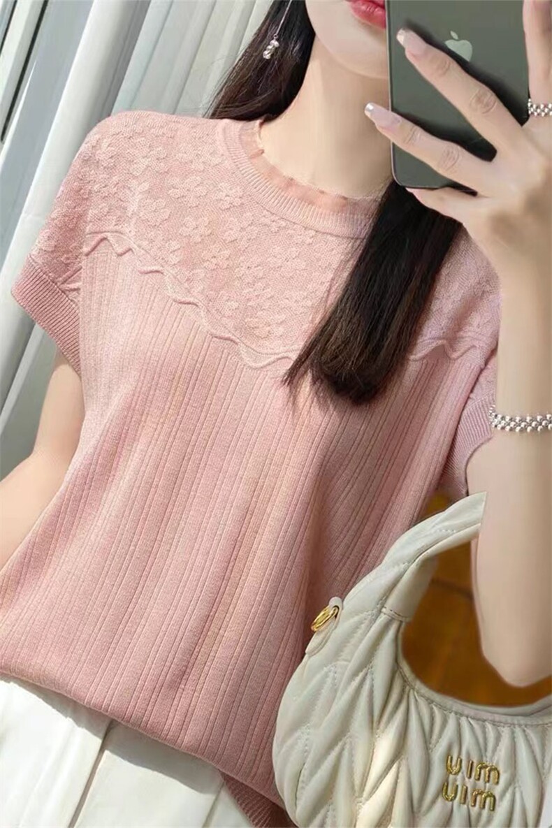 白色短袖t恤女2025新款小香风别致立体钩花夏季蕾丝冰丝针织上衣,针织衫/毛衣,萱芳婷羊绒