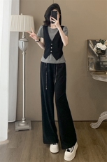 韩版时尚休闲运动套装女夏新款圆领马甲假两件上衣抽绳阔腿裤套装，女装套装/套裙，2C310