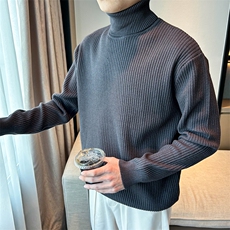 可翻高领毛衣坑条纯色针织衫打底衫W6006-P45，男装针织衫/毛衣，星座1012-1