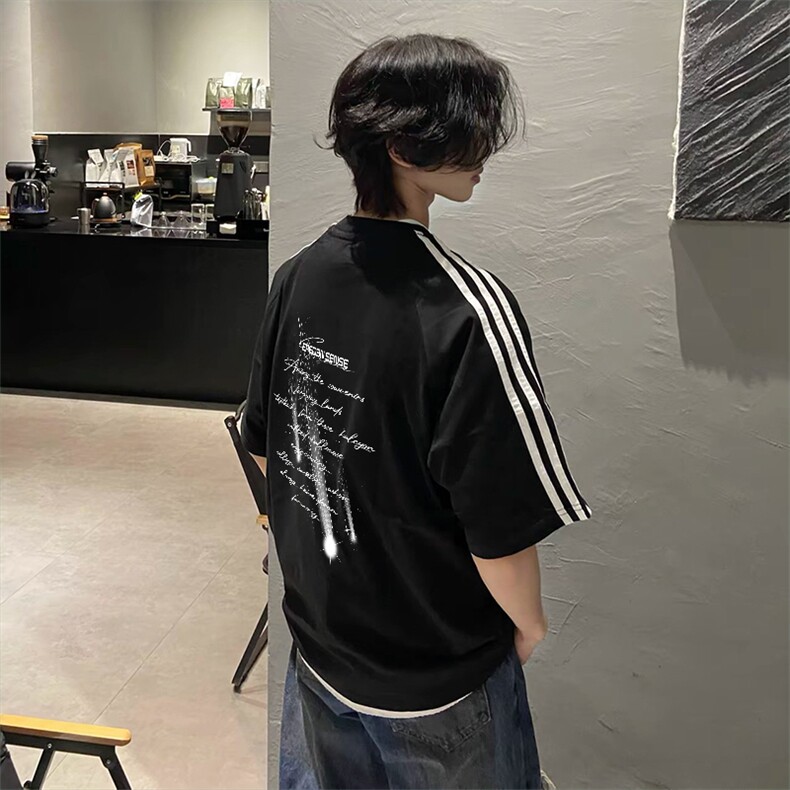 抖音得物高品质二开240克宽松纯棉美式潮牌三条杠织带短袖T恤,男装T恤,电商A486-1