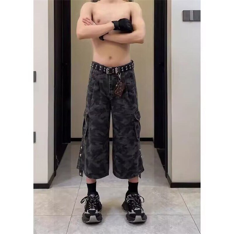 CP1180-P49 高街迷彩牛仔短裤男夏季新款工装七分裤宽松阔腿裤图片
