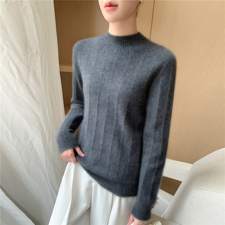 2025年秋季女士一线成衣数条纹半高,女装羊绒衫,百越羊绒