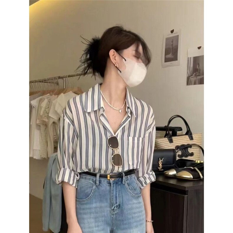 港风复古慵懒条纹衬衫女通勤薄款防晒上衣夏款韩系简约百搭衬衣女,男装防晒衣,星座1210-1