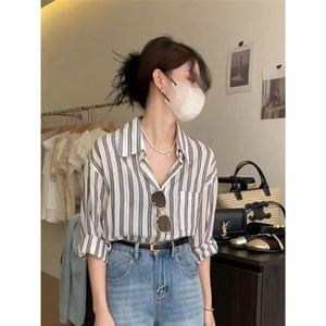 港风复古慵懒条纹衬衫女通勤薄款防晒上衣夏款韩系简约百搭衬衣女图片