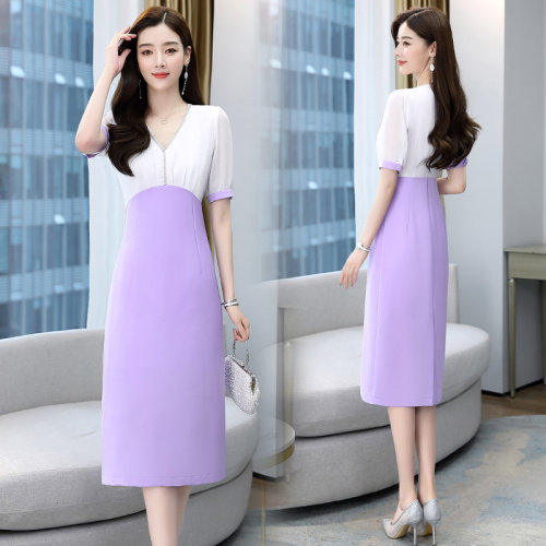 2021夏季新款简约时尚优雅气质V领拼色收腰修身显瘦连衣裙，女装连衣裙，时尚俏佳人