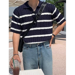 夏季白色翻领Polo衫条纹日系针织衫男短袖上衣T恤衫宽松 TZ90图片