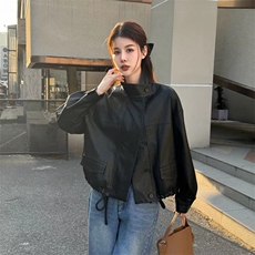 宽松显瘦时尚皮衣女短款2025春新款立领机车服韩系小个子上衣，女装皮衣，2C229
