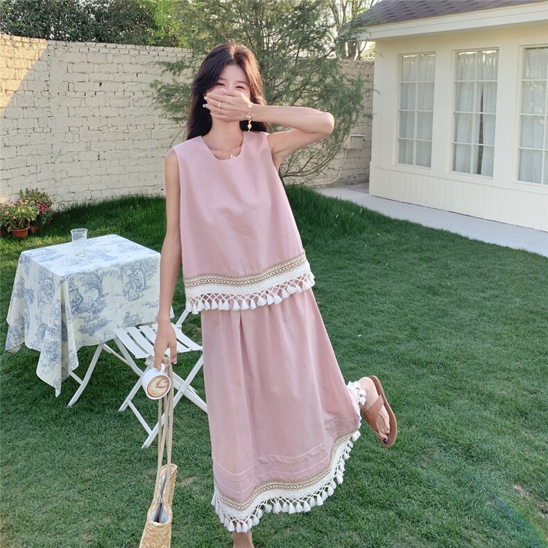 现货-夏处新款粉色两件套裙203-8905-P145-K218，女装套装/套裙，浪娴服饰