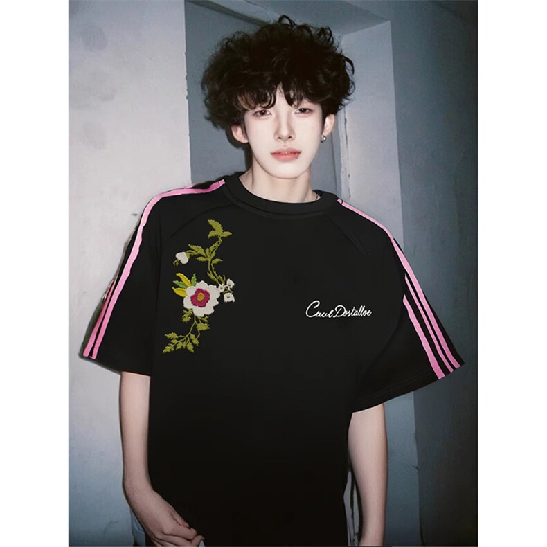 抖音得物品质二开240克宽松纯棉美式潮牌印花三条杠中性风短袖T恤，男装T恤，电商A486