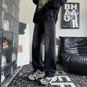 美式高街阔腿拖地裤宽松直筒长裤秋冬潮牌重磅牛仔裤男 K5554-P45图片