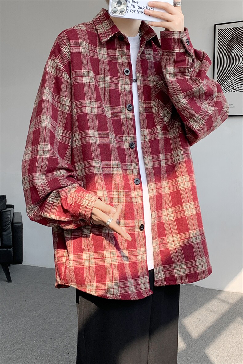 8XL-M格子衬衫男长袖秋季美式复古潮宽松衬衣外套CS516P55控78,男装衬衫,电商D206-1