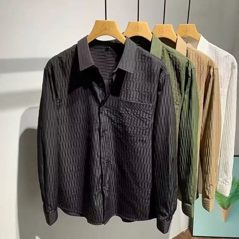 早秋轻奢高级感韩版痞帅衬衣褶皱设计百搭休闲纯色衬衫长袖外套,男装衬衫,电商B212（原钱塘6029）