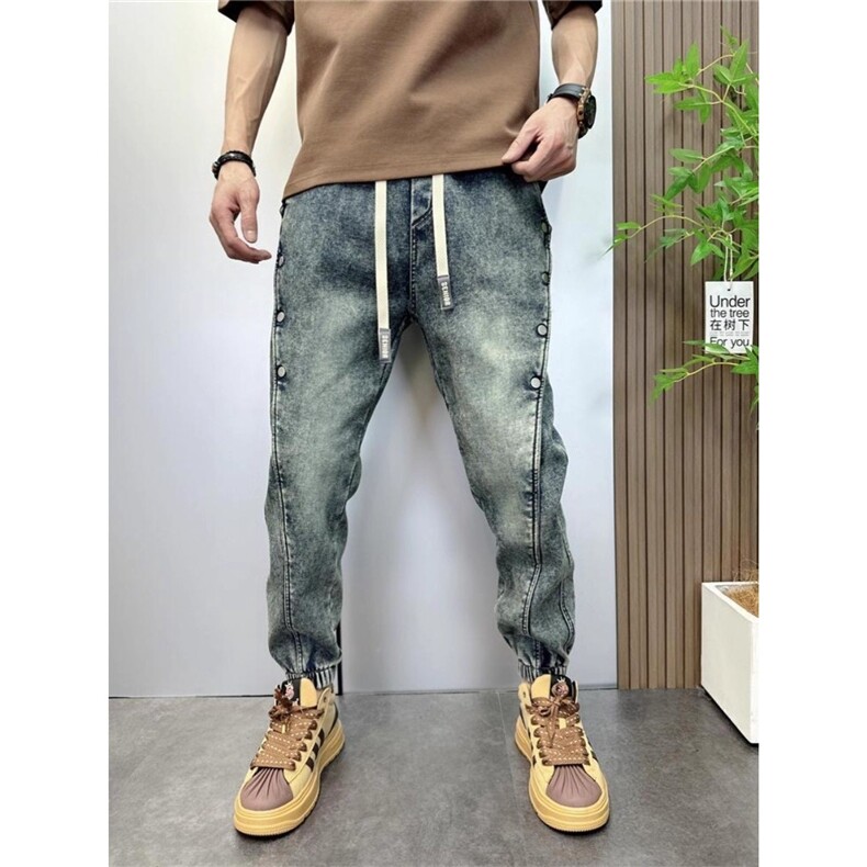 蓝色水洗牛仔裤痞帅潮男士夏季九分裤韩版修身扣子装饰束脚哈伦裤,男装牛仔裤,星座1210-1