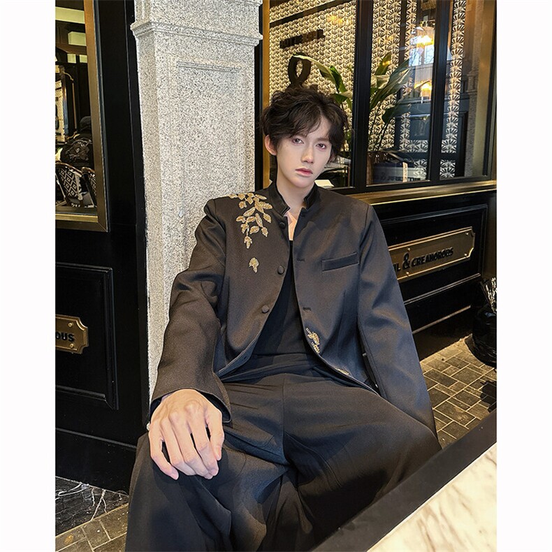 现货！25重工珠片刺绣男士金叶片礼服设计款新中式西服XZ125-P178,男装西服,电商B288