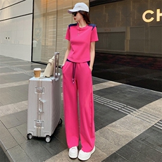 女夏季欧货高端纯色时尚运动休闲套装短袖上衣高腰阔腿长裤两件套，女装套装/套裙，2C310