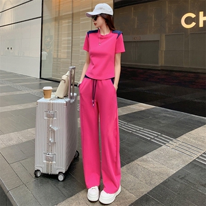 女夏季欧货高端纯色时尚运动休闲套装短袖上衣高腰阔腿长裤两件套图片