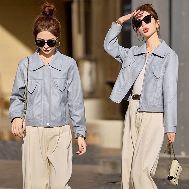 显瘦修身翻领PU皮衣外套女2025新款春秋短款超好看机车服夹克，女装皮衣，缘衣格