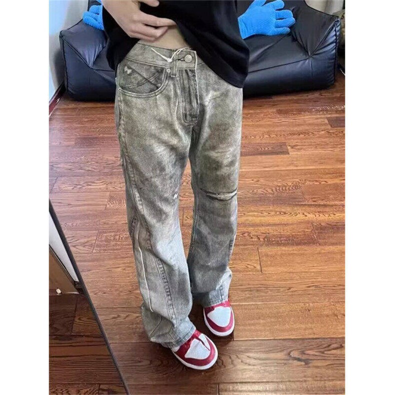 美式vibe复古做旧拼接废土风水洗牛仔裤男女直筒长裤LB30677-P60,男装牛仔裤,星座1008