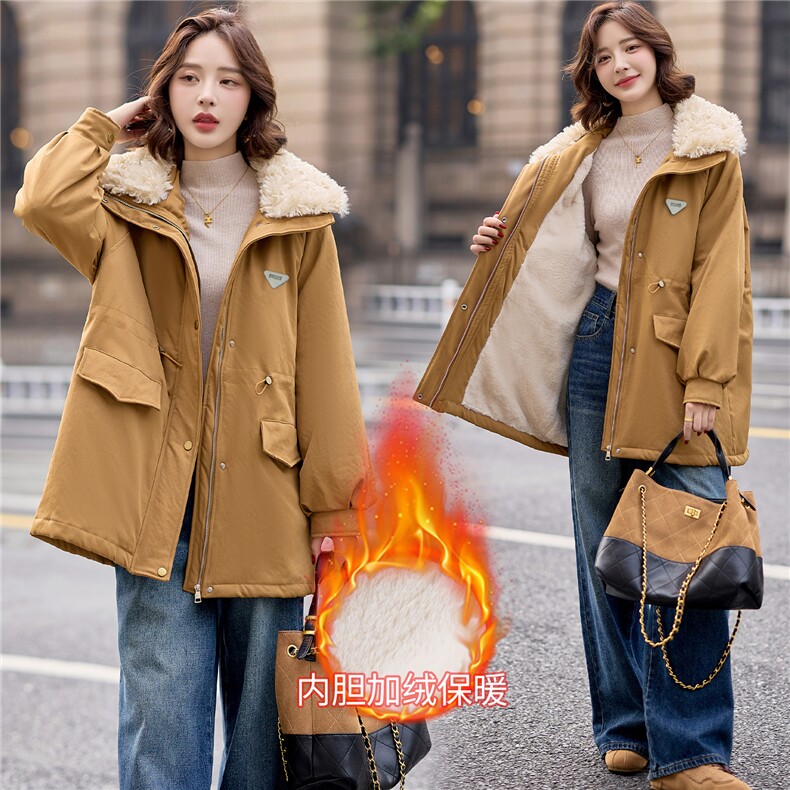 9113时尚中长款加绒加厚外套（毛领可脱卸），女装派克服，依路服饰