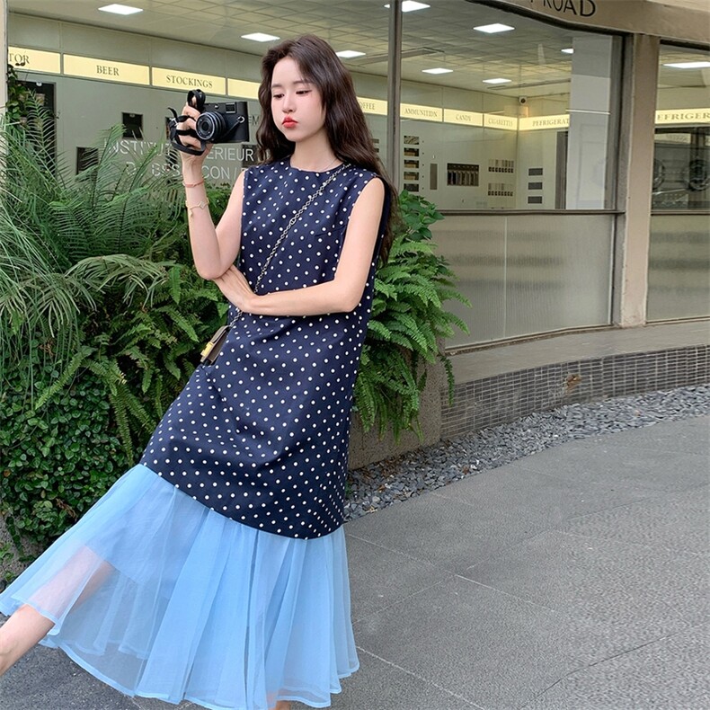 法式轻熟风半身裙套装女2025夏季新款拼接百搭波点无袖背心长裙，女装套装/套裙，2C117