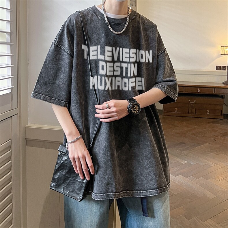 抖音供货、210克现货水洗棉印花宽松版短袖T恤D223A-ST2313-P35,男装T恤,电商019-1