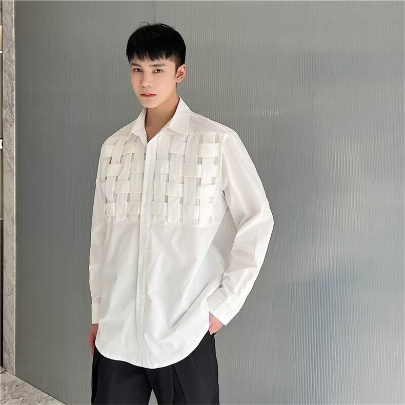 春秋季新款衬衫男长袖潮流编制设计感小众宽松休闲发型师韩版衬衣图片